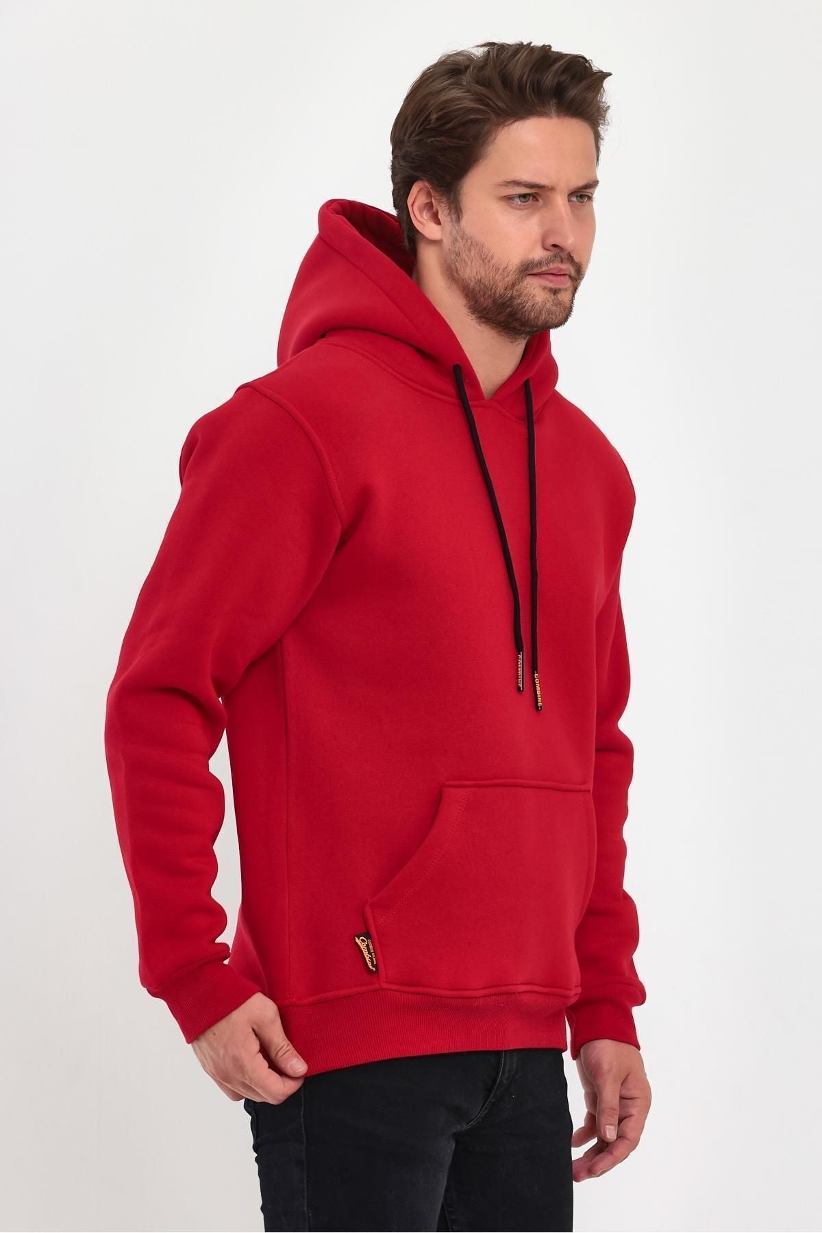 Erkek Kapşonlu Kanguru Cep Sweatshirt - Kırmızı - 5