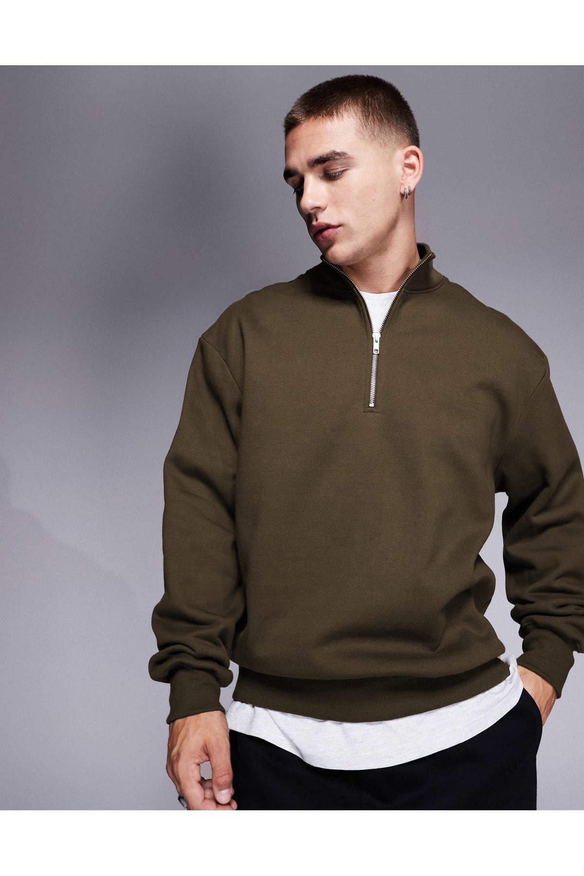 Erkek Yarım Fermuarlı Basic Oversize Dik Yaka Sweatshirt Kazak - Haki - 1