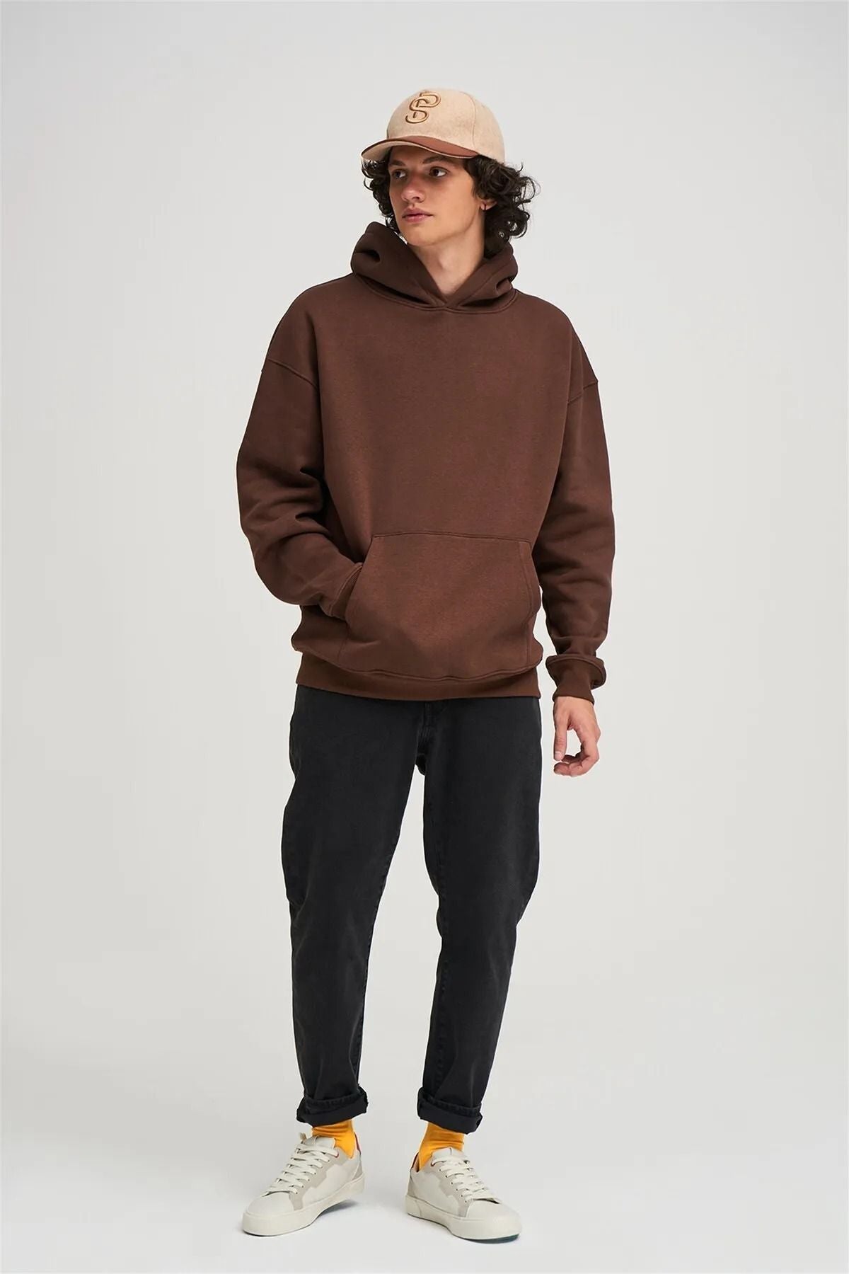 Unisex Oversize Kapşonlu Hoodie Pamuklu Kahve Sweatshirt - Kahverengi - 3