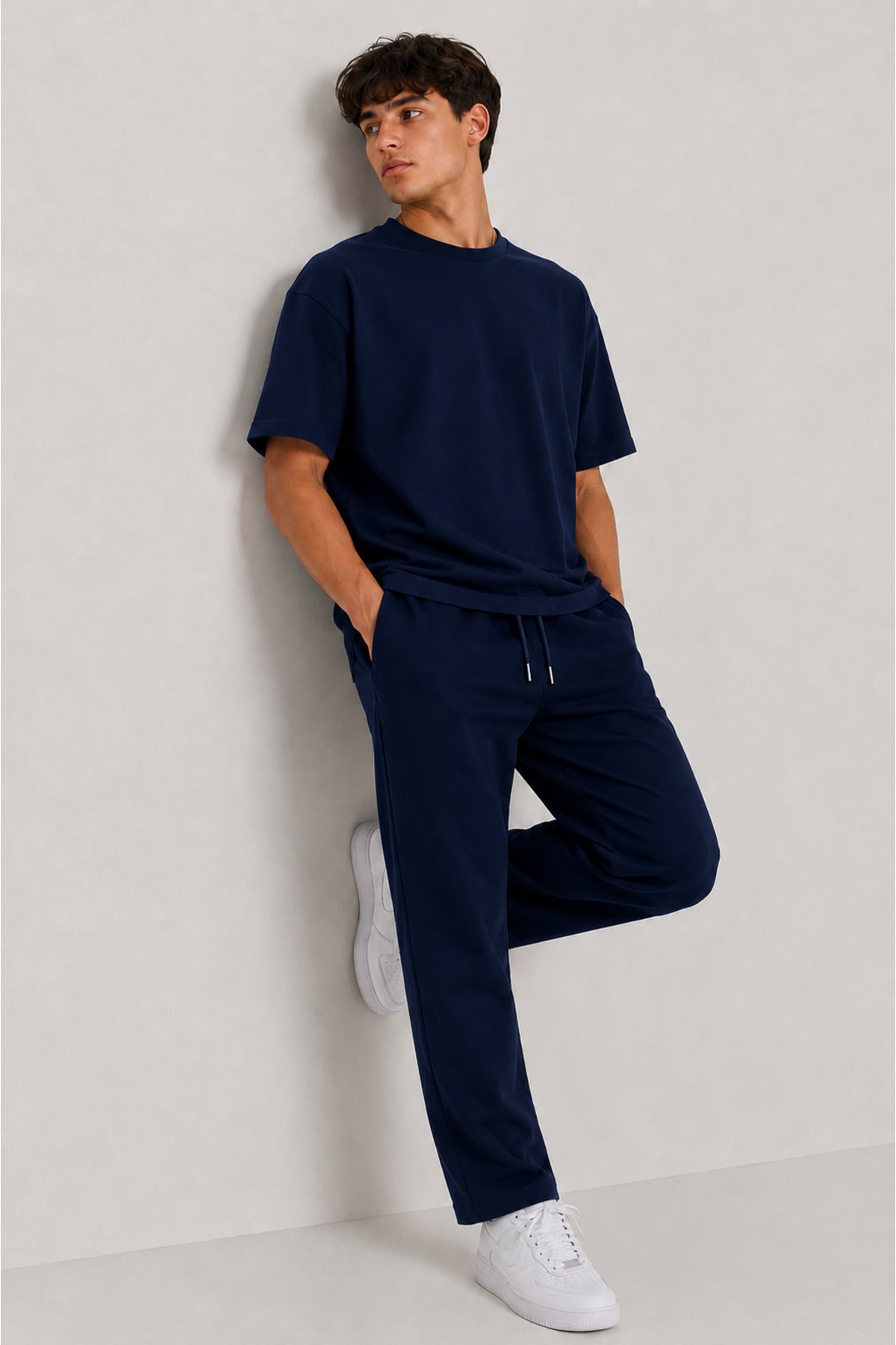 Erkek 2 İ̇plik Oversize Basic Bisiklet Yaka Rahat Kalıp Günlük Eşofman Takımı - Lacivert - 4