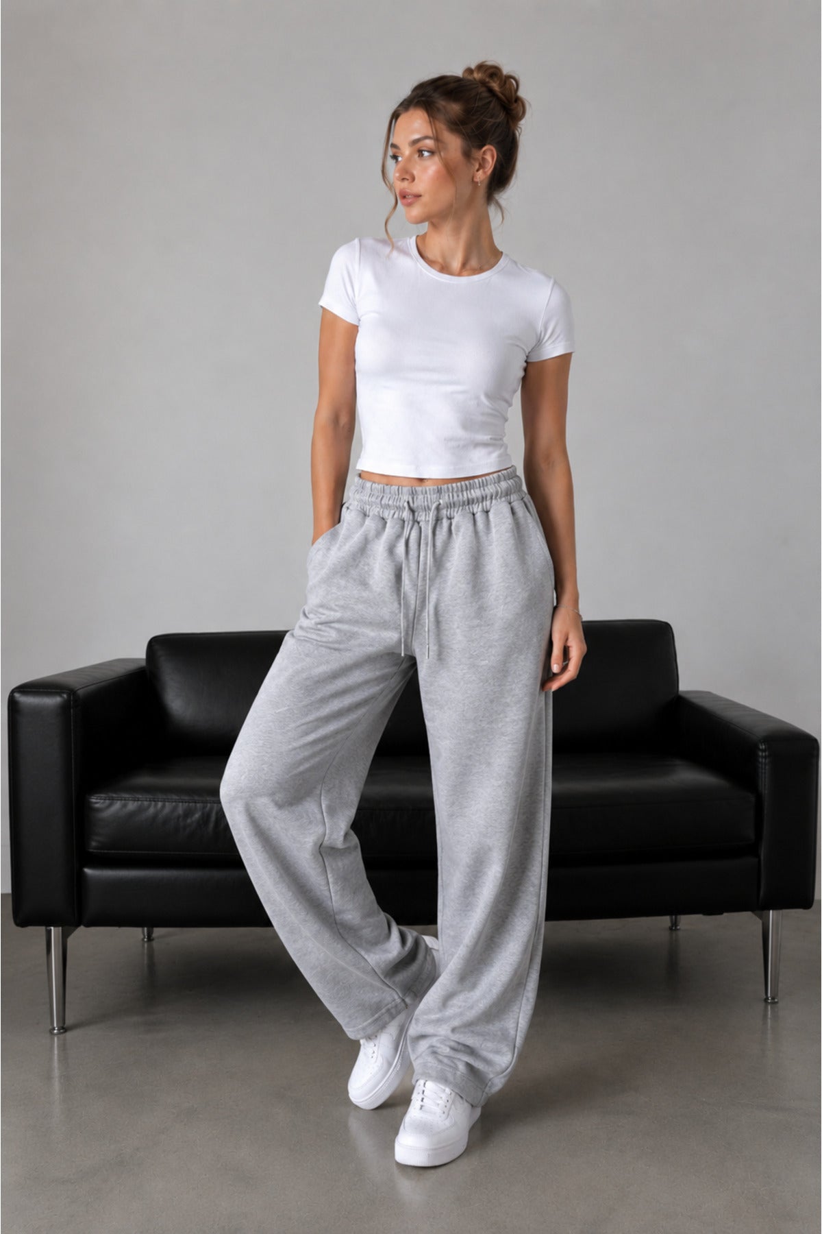 Kadın Günlük Spor Geniş Paça Oversize Eşofman Altı - Gri Melanj - 2