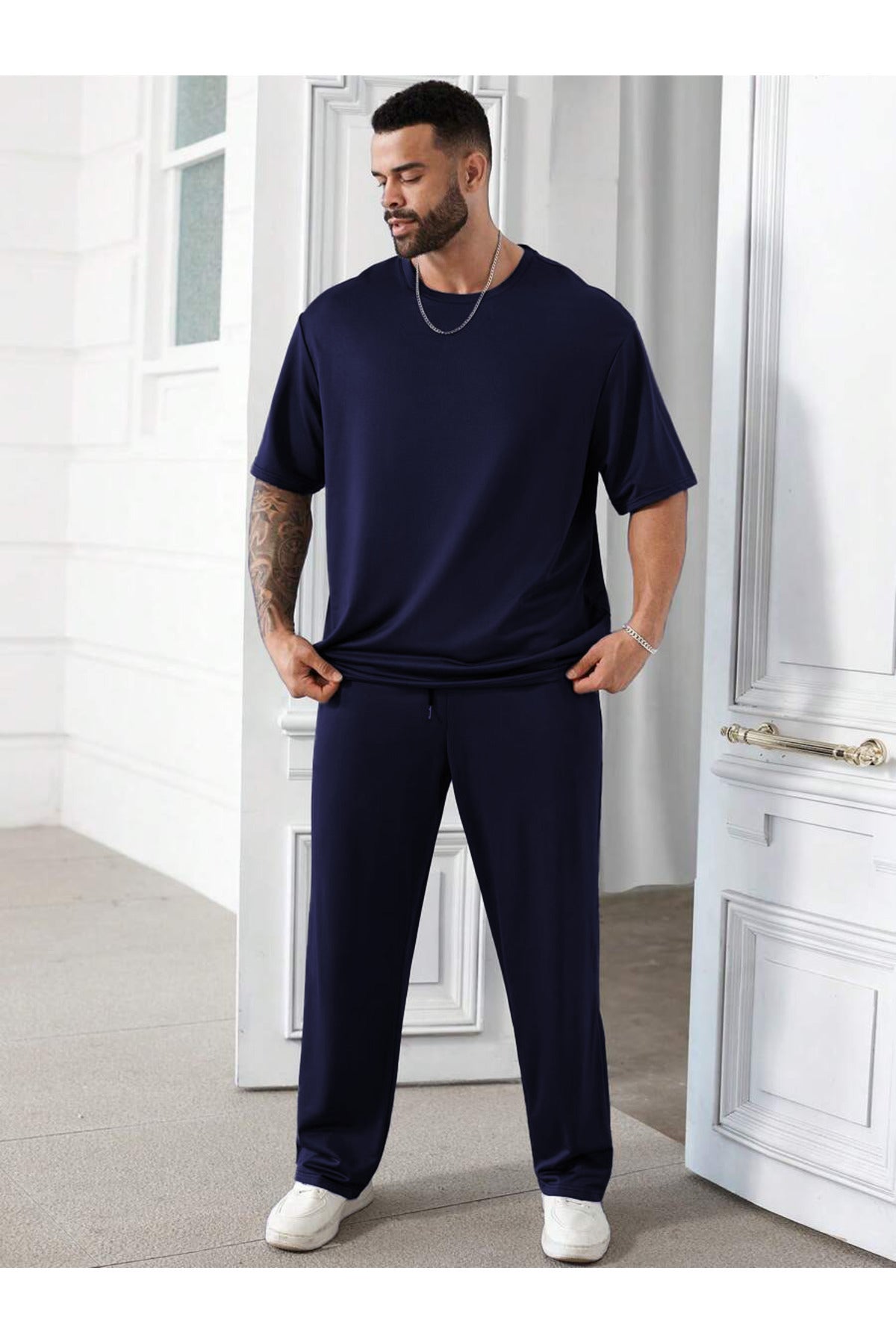 Erkek Bisiklet Yaka Pijama Takımı - Lacivert - 2