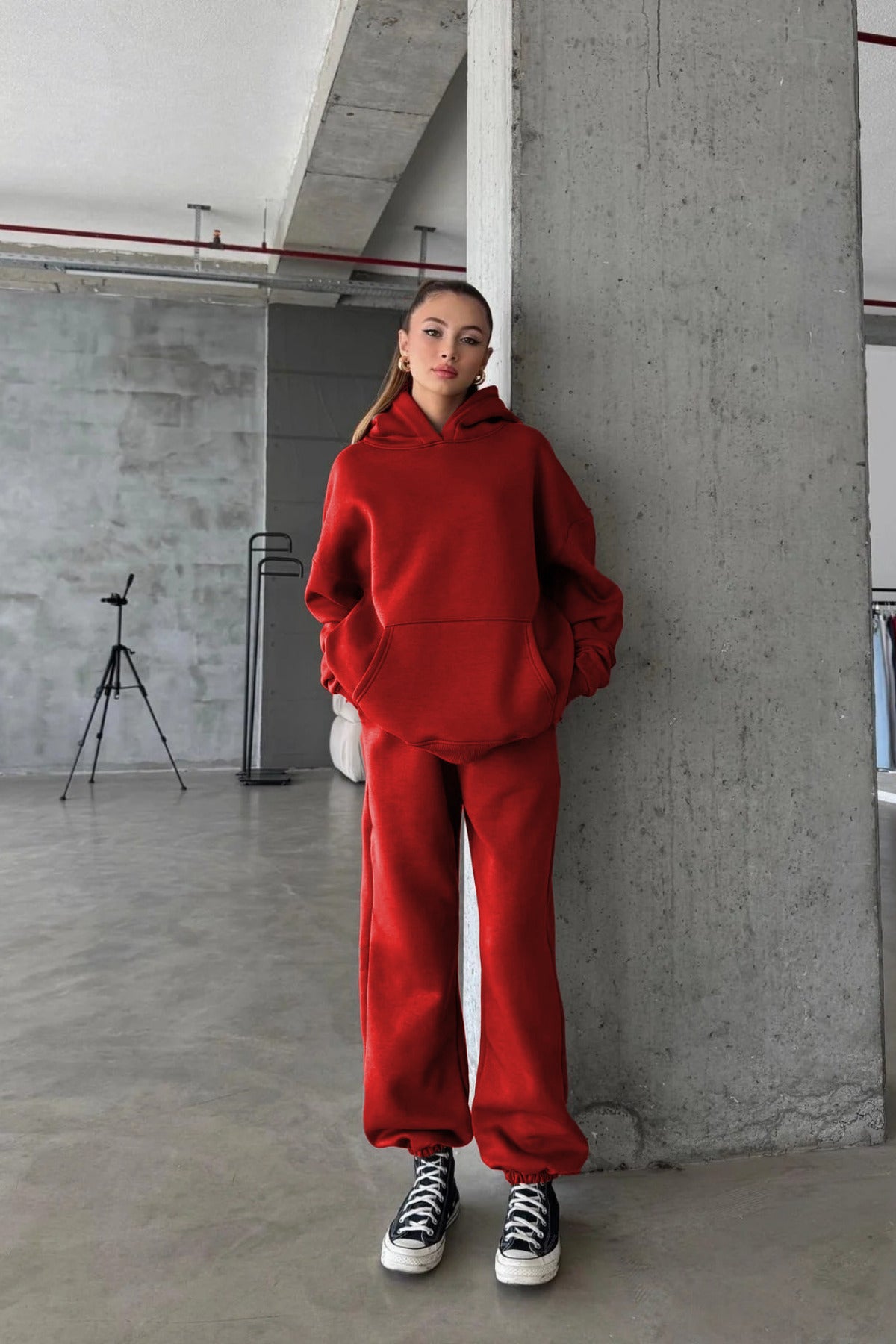Kadın Paçası Lastikli Jogger Oversize Kışlık Eşofman Takımı - Kırmızı - 1