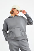 Kadın Yumuşak Kumaş Geniş Kalıp Hoodie Sweatshirt - Gri - 1
