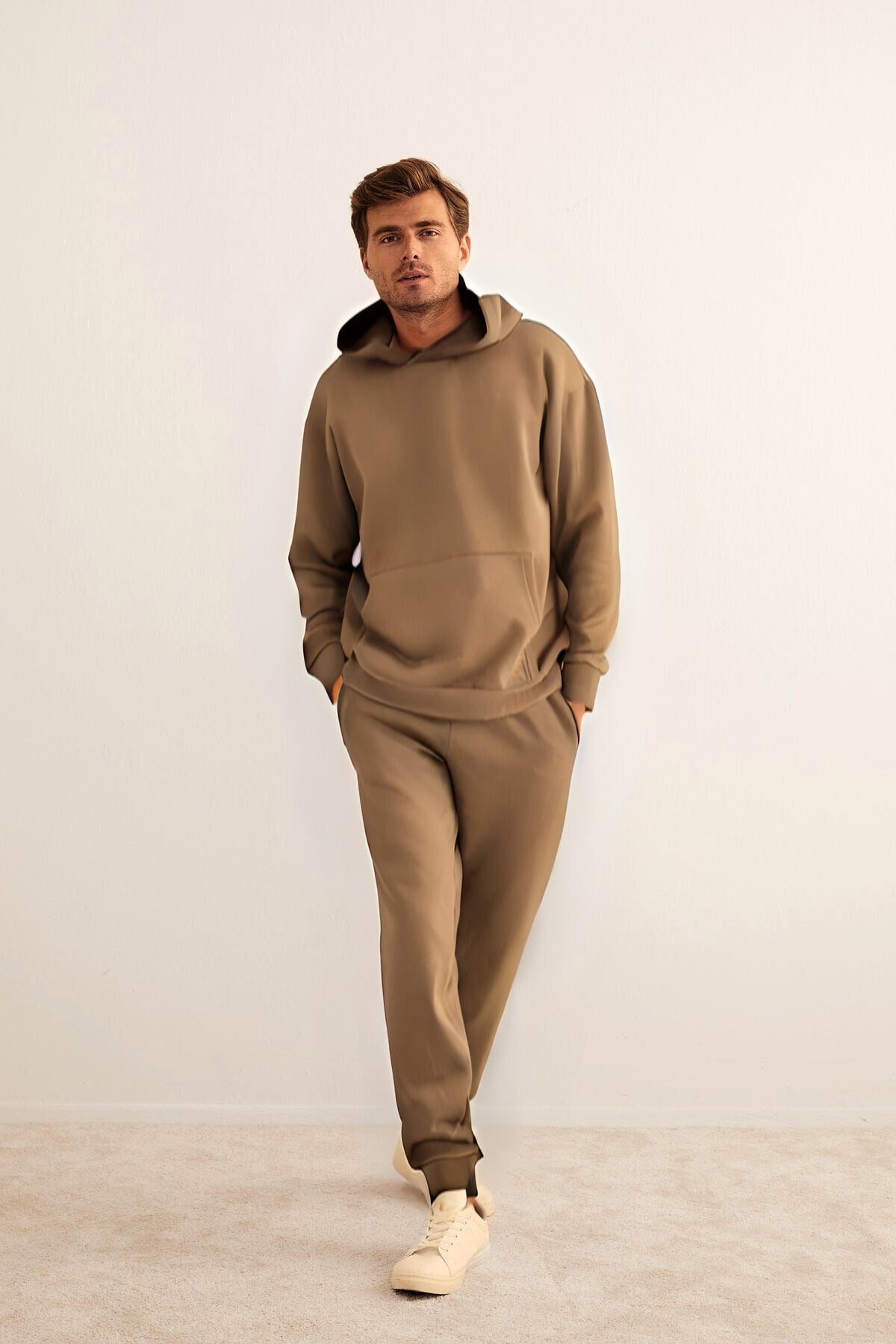 Erkek 3 İ̇plik Kapşonlu İ̇çi Pamuklu Bol Kesim Hoodie Kışlık Günlük Eşofman Takımı - Vizon - 1