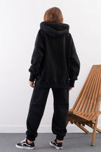 Kadın Yüksek Bel 3 İ̇plik Kalın Şardonlu Oversize Fit Jogger Eşofman Takımı - Siyah - 4