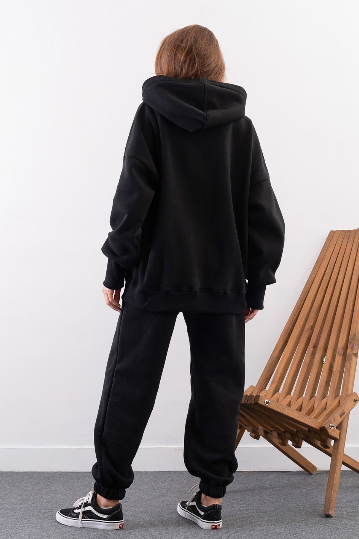 Kadın Yüksek Bel 3 İ̇plik Kalın Şardonlu Oversize Fit Jogger Eşofman Takımı - Siyah - 4