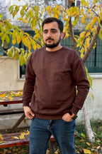 Erkek Kahverengi Bisiklet Yaka İçi Polarlı 3 İplik Pamuklu Regular Fit Unisex Sweatshirt - Kahverengi - 4