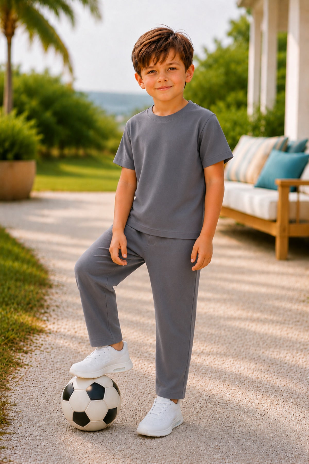 Çocuk Unisex Kısa Kollu Oversıze Beli Bağlamalı Likralı Modern Rahat Kesim Günlük Alt Üst Takım - Füme - 2