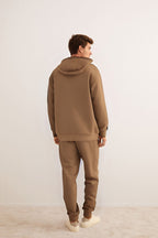 Erkek 3 İ̇plik Kapşonlu İ̇çi Pamuklu Bol Kesim Hoodie Kışlık Günlük Eşofman Takımı - Vizon - 2