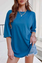Kadın Oversize Penye Rahat Yazlık Kısa Kollu T-shirt - İndigo - 2