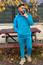 Ob Comfort Kapüşonlu Kanguru Cep Oversize Lastik Paça Turkuaz Eşofman Takımı - Turkuaz - 5