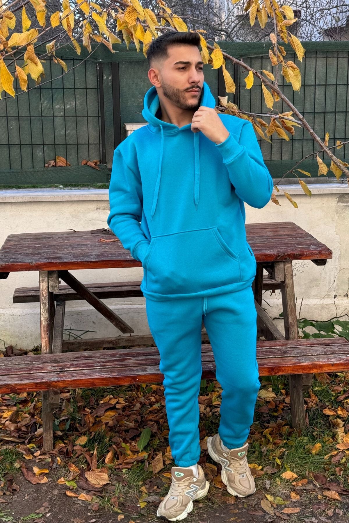 Ob Comfort Kapüşonlu Kanguru Cep Oversize Lastik Paça Turkuaz Eşofman Takımı - Turkuaz - 5