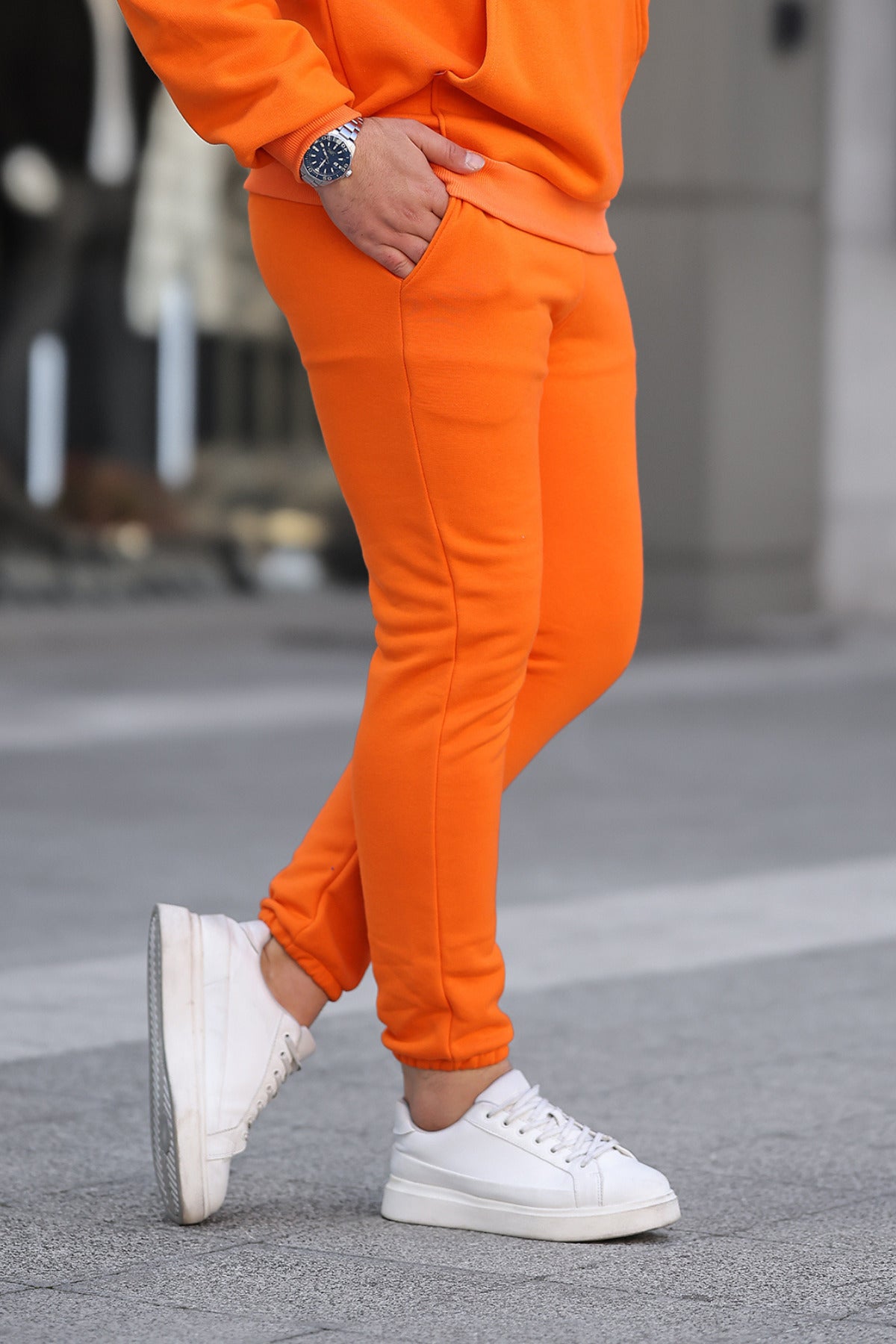 Erkek Bol Kesim Oversize 3 İ̇plik İ̇çi Pamuklu Şardonlu Lastikli Paça Jogger Kışlık Eşofman Altı - Turuncu - 3