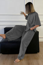 Kadın Bisiklet Yaka Yazlık Kısa Kollu Pijama Takımı - Füme - 2