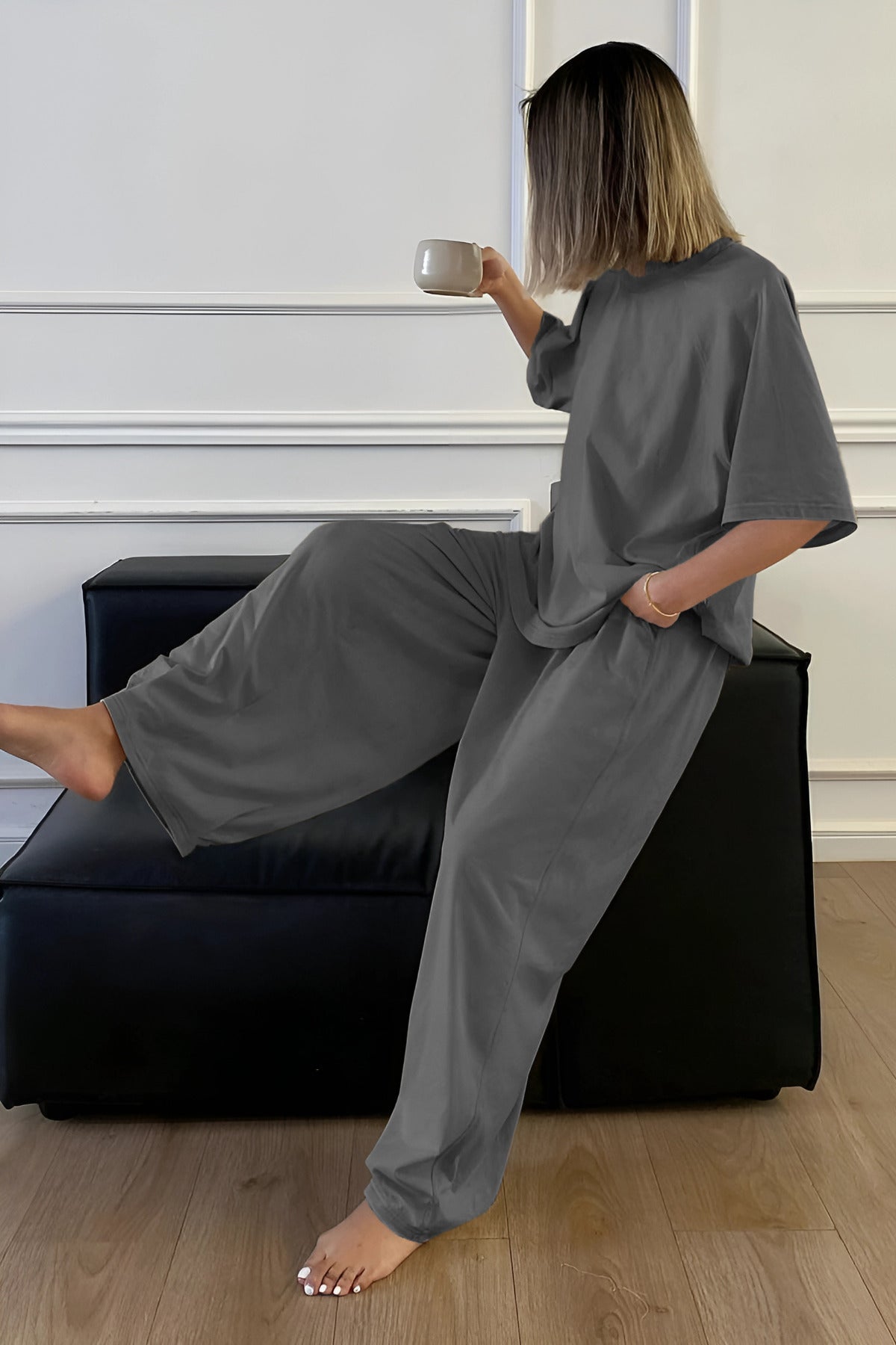 Kadın Bisiklet Yaka Yazlık Kısa Kollu Pijama Takımı - Füme - 2