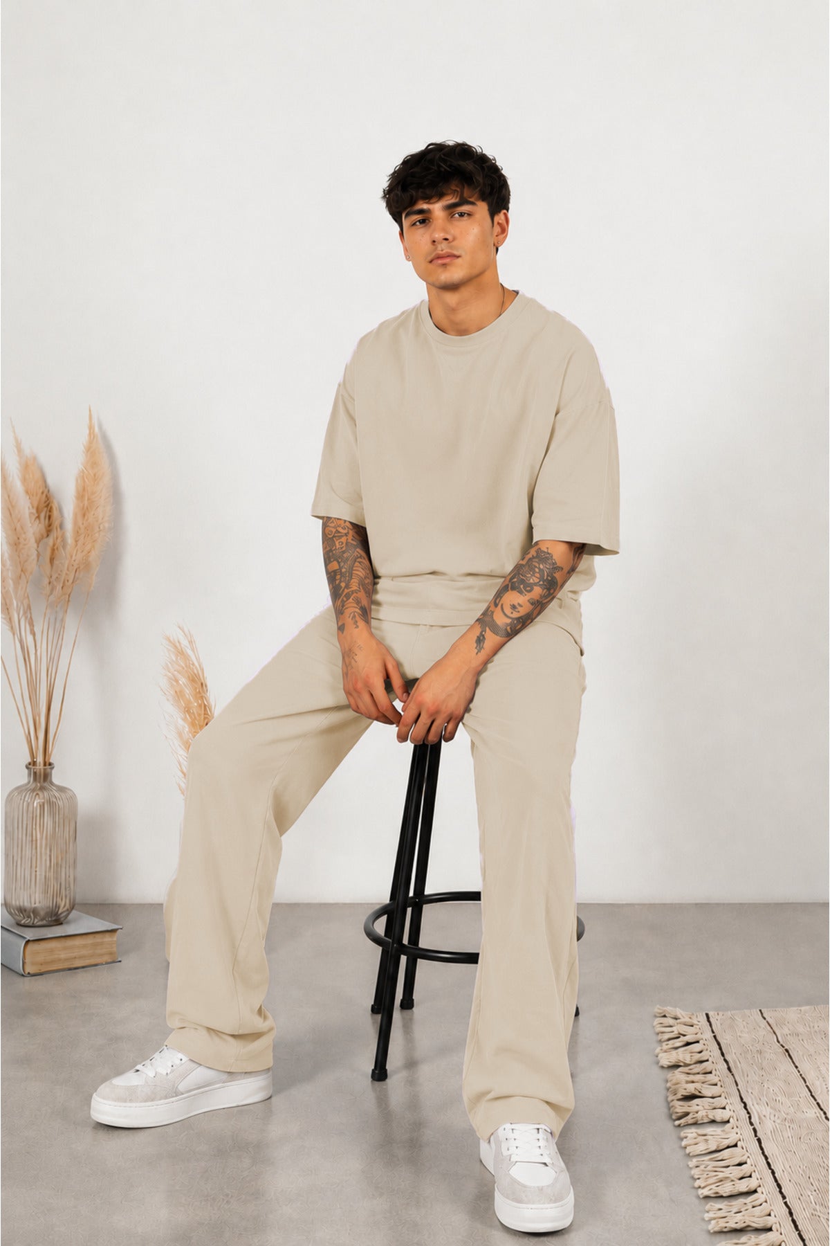 Erkek Yeni Sezon Oversize Premium Tişört Pantolon Kombin - Bej - 2