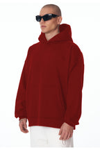 Erkek Bol Kesim Oversize 3 İ̇plik İ̇çi Pamuklu Şardonlu Kanguru Cep Kapşonlu Kışlık Hoodie Sweatshirt - Kırmızı - 2