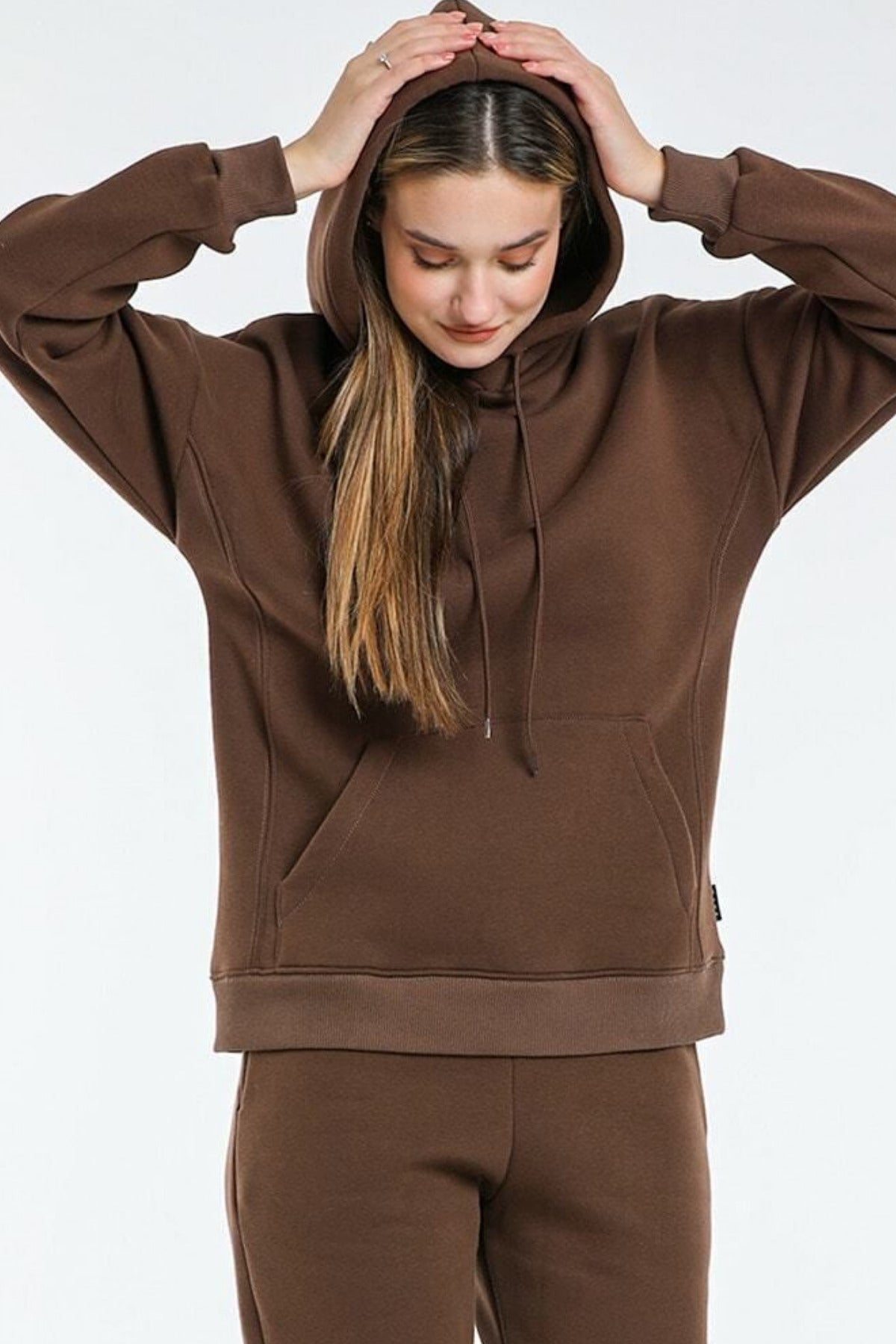 Kadın Rahat Kalıp Günlük Kapşonlu Sweatshirt - Kahverengi - 3