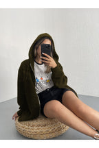 Kadın Haki̇ Fermuarlı Kapşonlu Kanguru Cep Basic Sweatshirt Hırka - Haki - 3