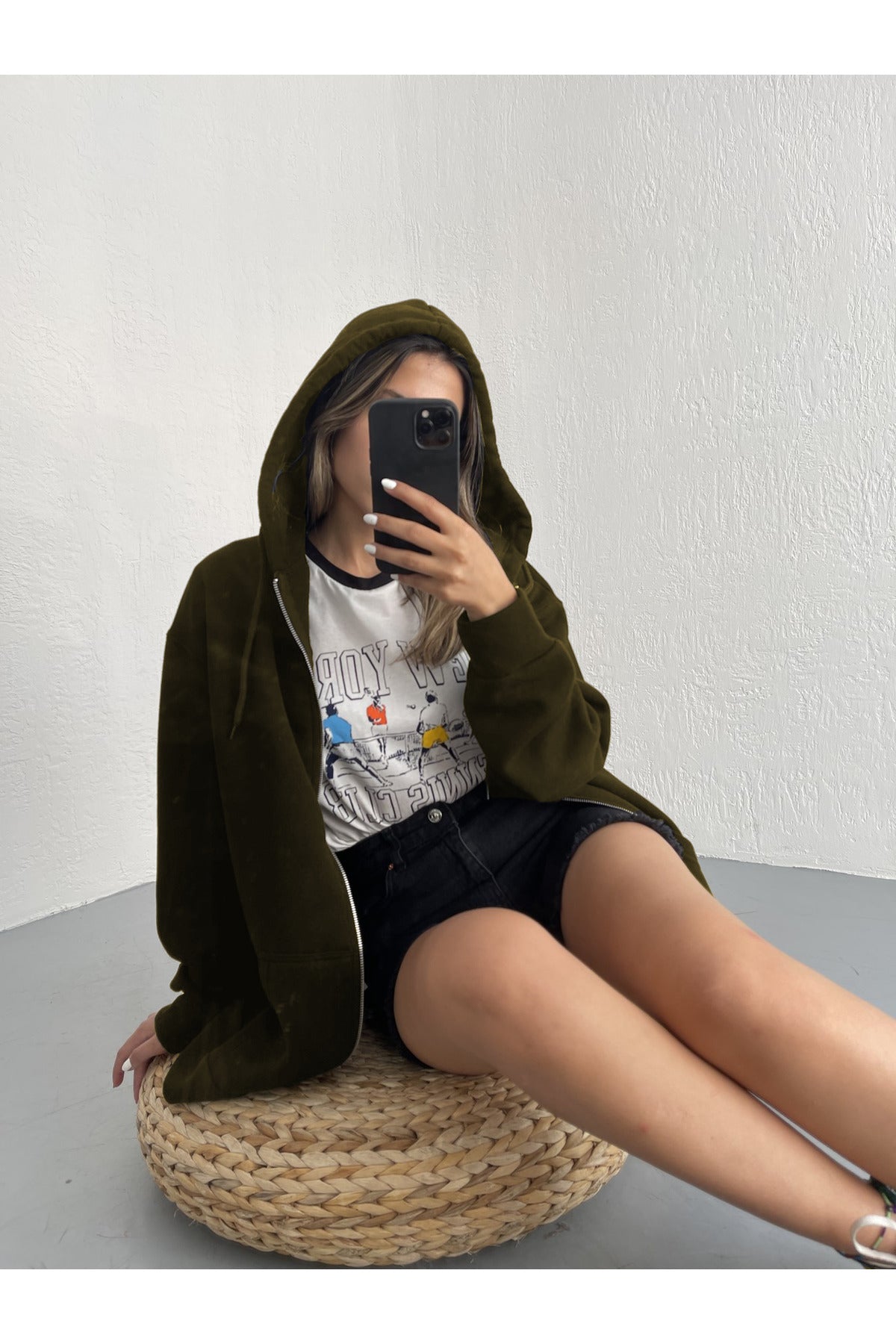 Kadın Haki̇ Fermuarlı Kapşonlu Kanguru Cep Basic Sweatshirt Hırka - Haki - 3