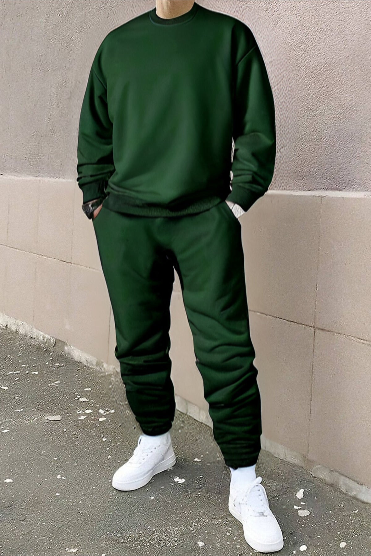 Oversize Rahat Kalıp Günlük Ve Spor Bisiklet Yaka Eşofman Takımı - Koyu Yeşil - 1