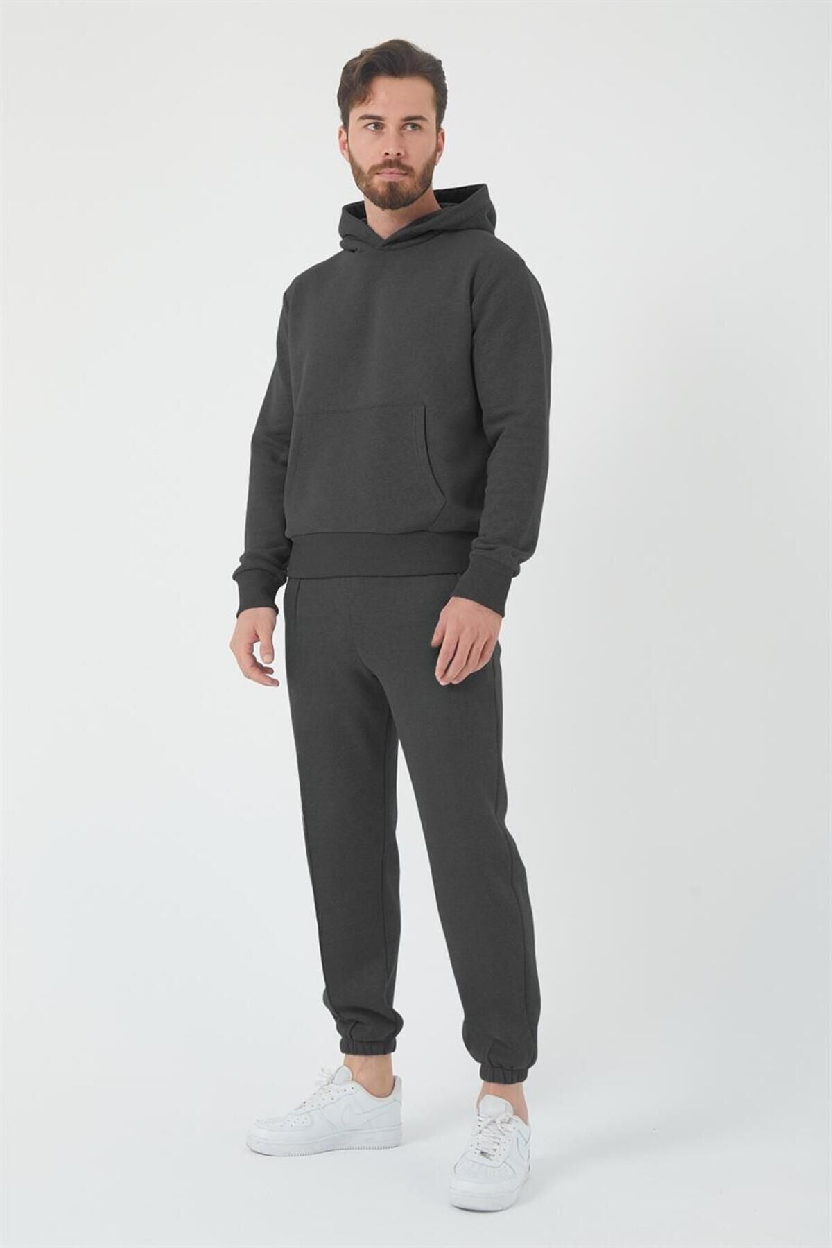 Erkek 3 İ̇pli̇k Jogger Ve Hoodi̇e Eşofman Takimi - Füme - 1