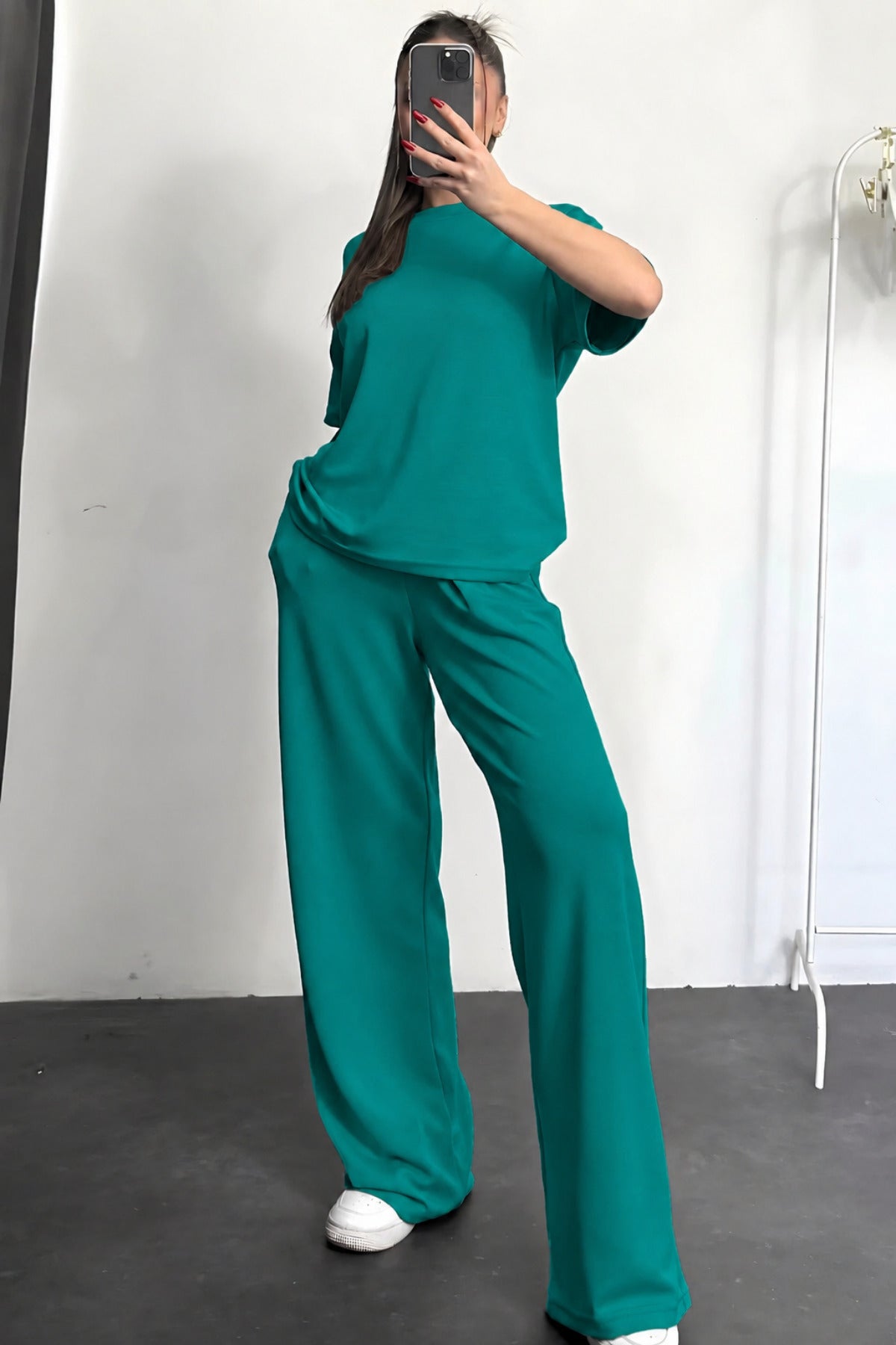Kadın Kısa Kollu Oversize Süper Yüksek Bel Esnek Bisiklet Yaka Eşofman Takımı - Nefti Yeşili - 3