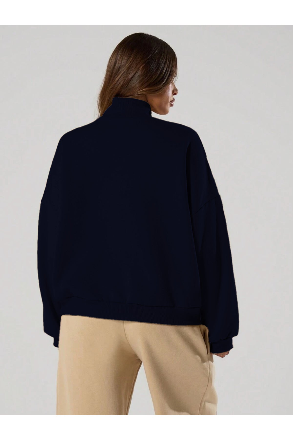 Kadın Yarım Fermuarlı Dik Yaka Kışlık Oversize Yeni Model Kazak - Lacivert - 2