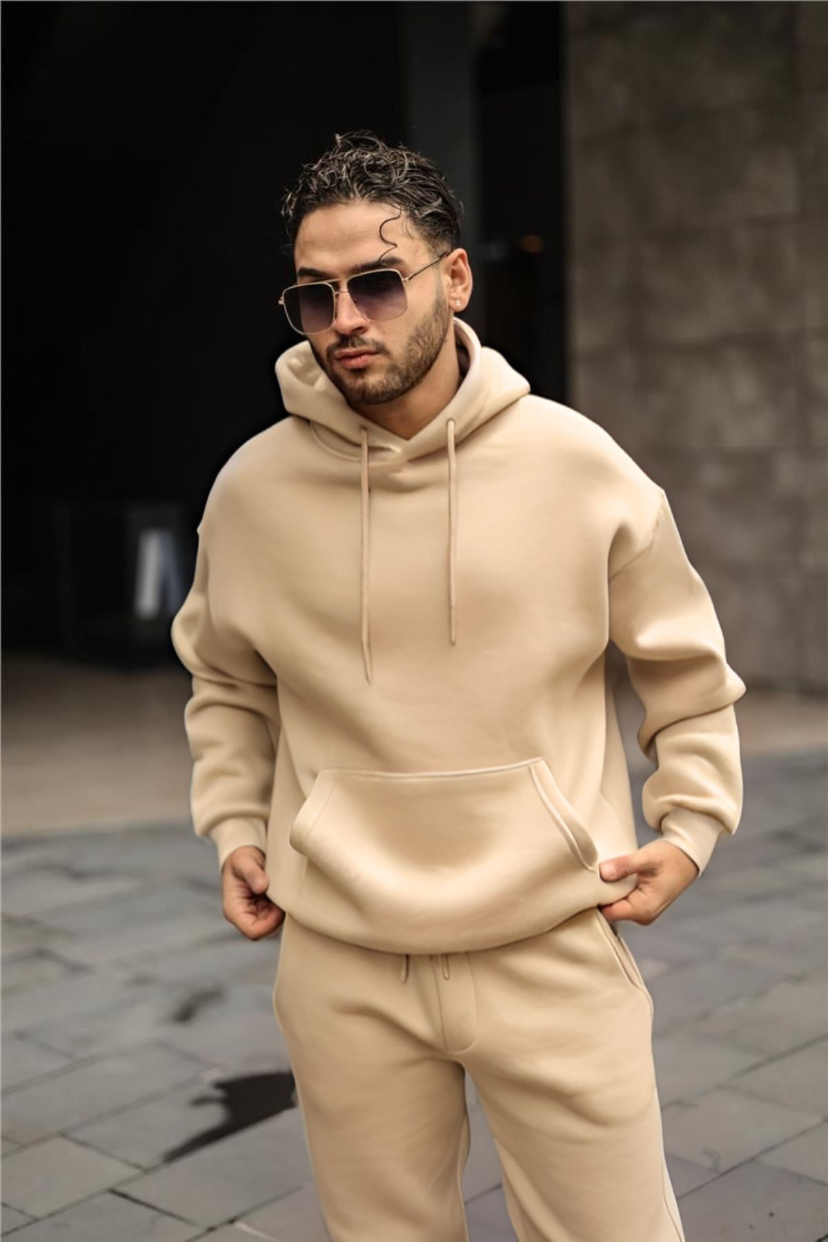 Erkek 3 İ̇pli̇k Kapşonlu Kanguru Cep 3 İ̇pli̇k Sweatshi̇rt - Vizon - 1