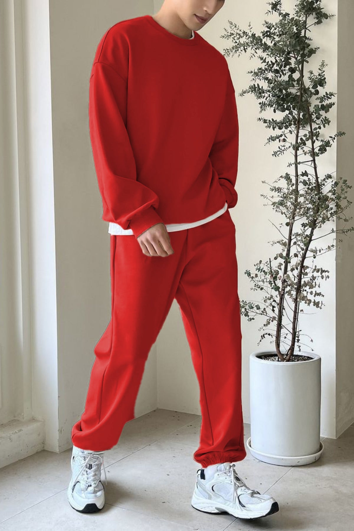 Erkek Bisiklet Yaka Oversize Jogger Paçası Lastikli Alt Üst Eşofman Takımı - Kırmızı - 2