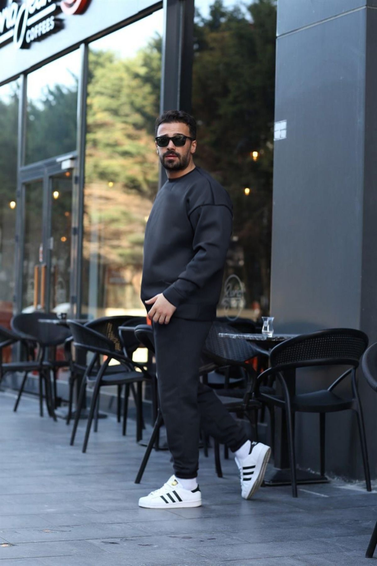 Erkek Unisex 3 İ̇plik Füme Takim Bisiklet Yaka Sweatshirt Ve Eşofman Altı - Füme - 3