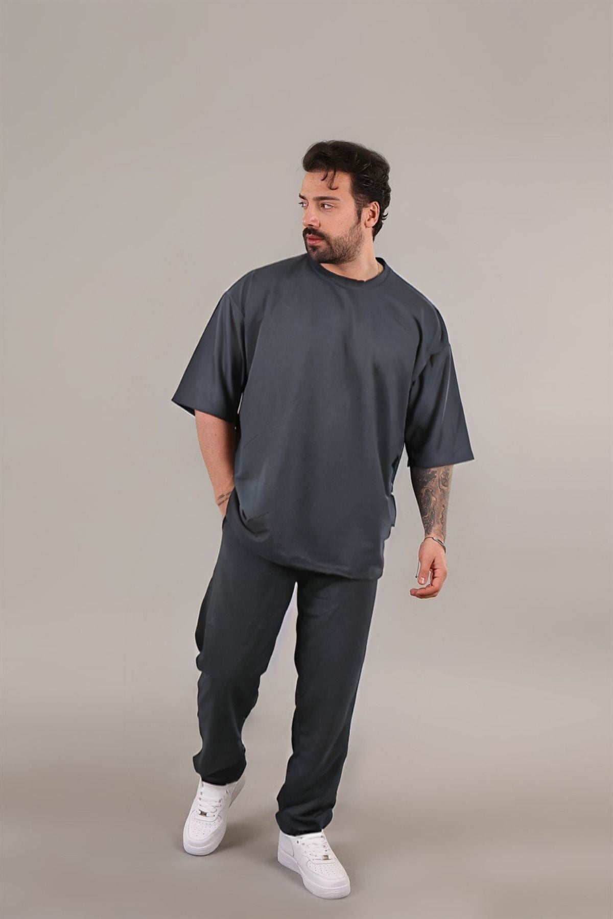 Erkek Kısa Kollu Pijama Takımı Bisiklet Yaka Reşme Salaş - Füme - 1
