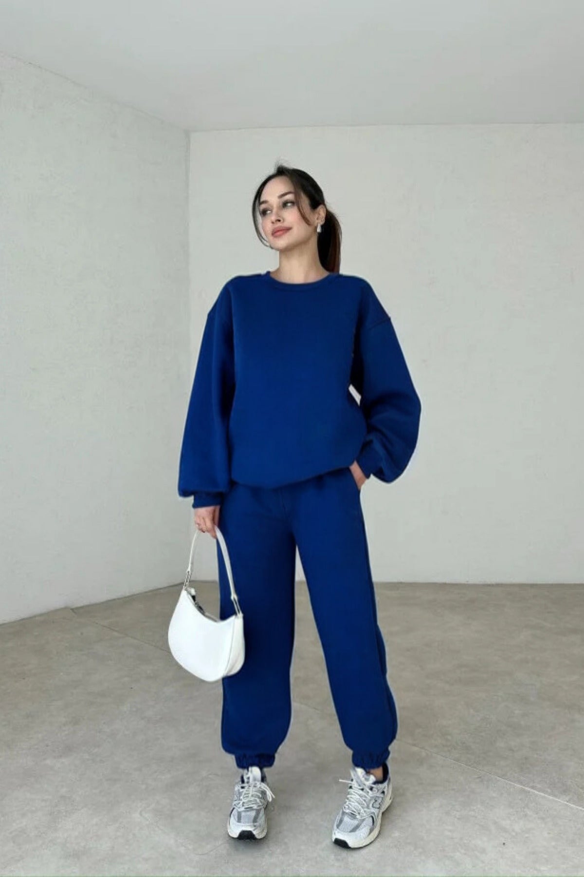 Kadın 3 İ̇plik Oversize Bisiklet Yaka Eşofman Takımı - Saks Mavisi - 1