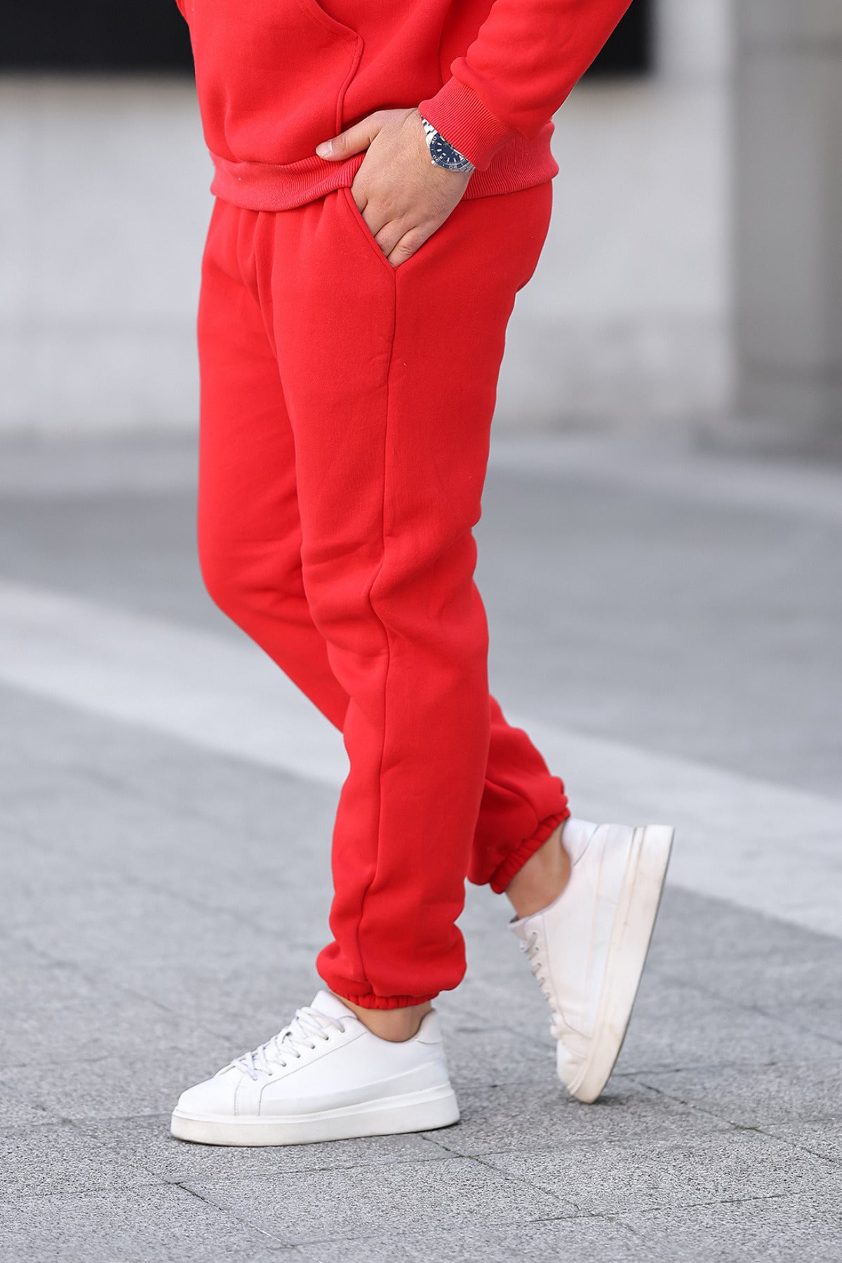 Erkek Bol Kesim Oversize 3 İ̇plik İ̇çi Pamuklu Şardonlu Lastikli Paça Jogger Kışlık Eşofman Altı - Kırmızı - 2
