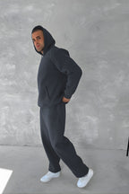 Erkek 3 İ̇pli̇k Oversi̇ze Kapüşonlu Sweatshi̇rt Eşofman Takimi - Füme - 1