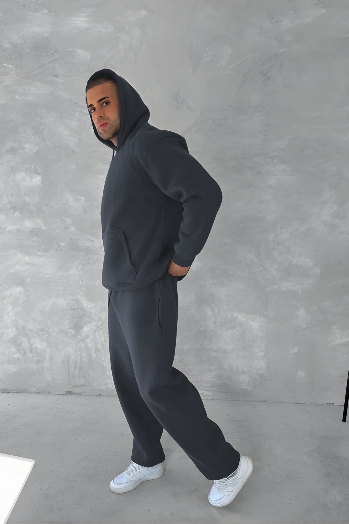 Erkek 3 İ̇pli̇k Oversi̇ze Kapüşonlu Sweatshi̇rt Eşofman Takimi - Füme - 1