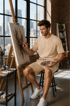Erkek Modern Ressam Stili Sanat Atölyesi Konseptli Oversize Şortlu Rahat Takım - Vizon - 4