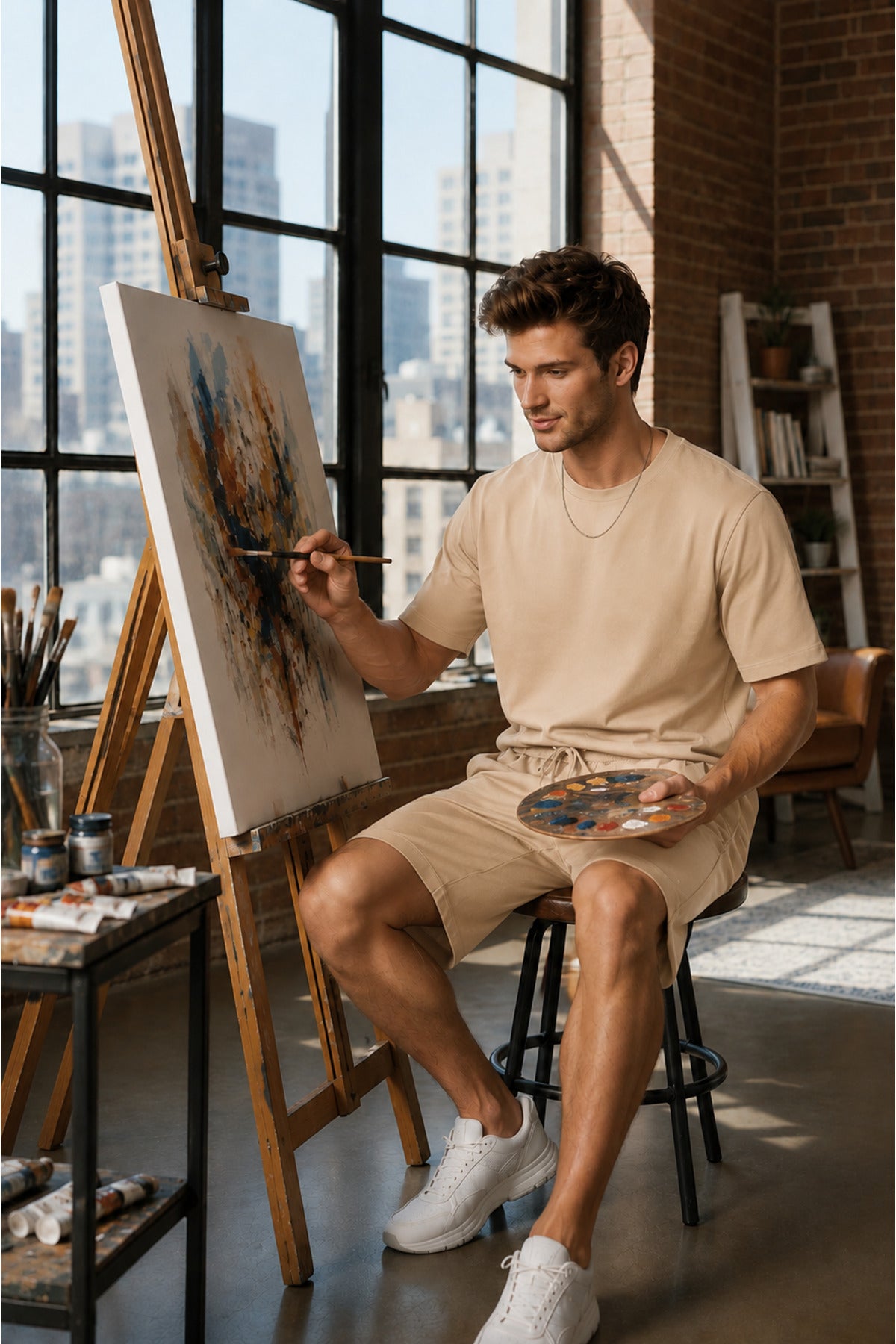 Erkek Modern Ressam Stili Sanat Atölyesi Konseptli Oversize Şortlu Rahat Takım - Vizon - 4