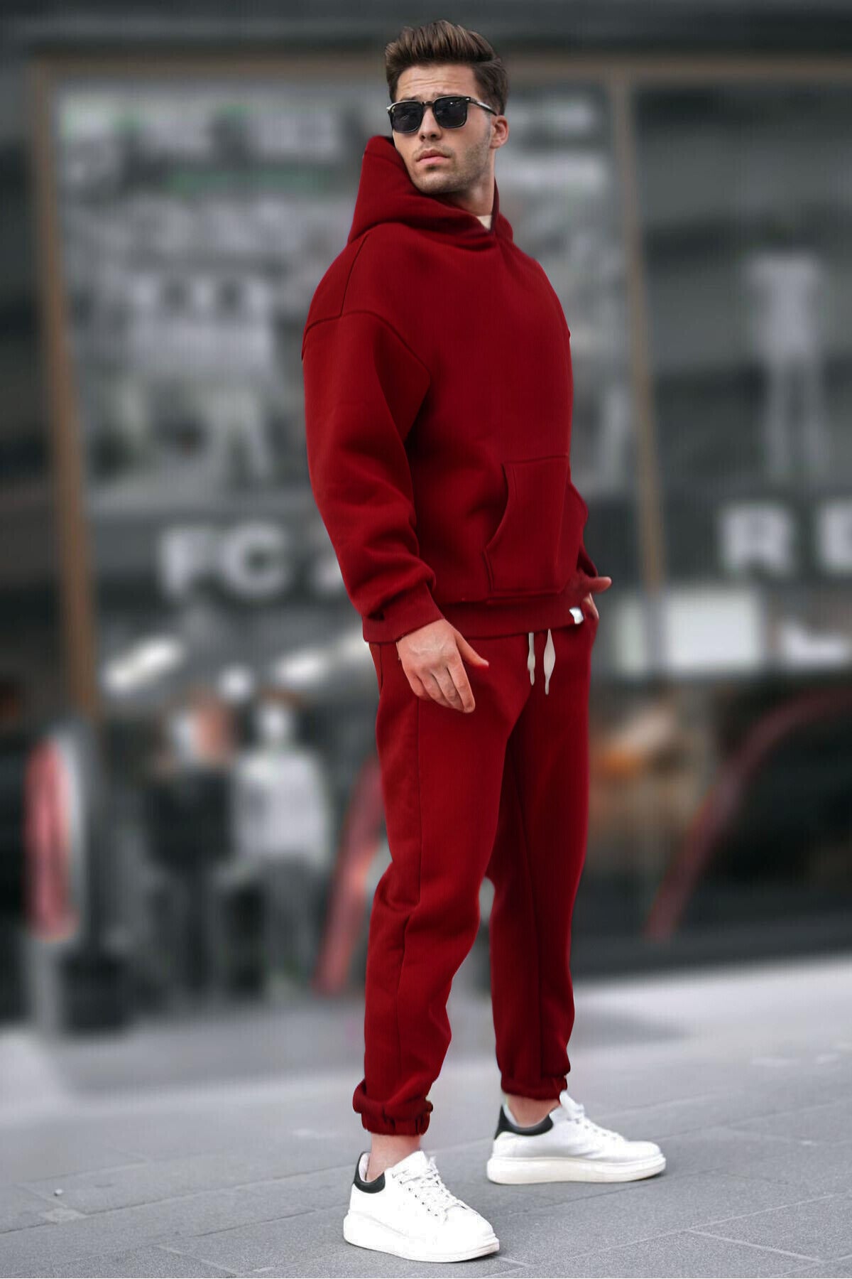 Kapşonlu 3 İ̇plik Şardonlu Rahat Kesim Kışlık Hoodie Eşofman Takımı - Bordo - 2