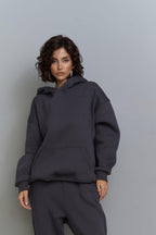 Kadın 3 İ̇plik İ̇çi Pamuklu Kanguru Cep Regular İ̇çi Pamuklu Oversize Sweatshirt - Füme - 1