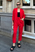 Kadın Dökümlü Bürümcük Yazlık Palazzo Trend Kimono Takım - Kırmızı - 4