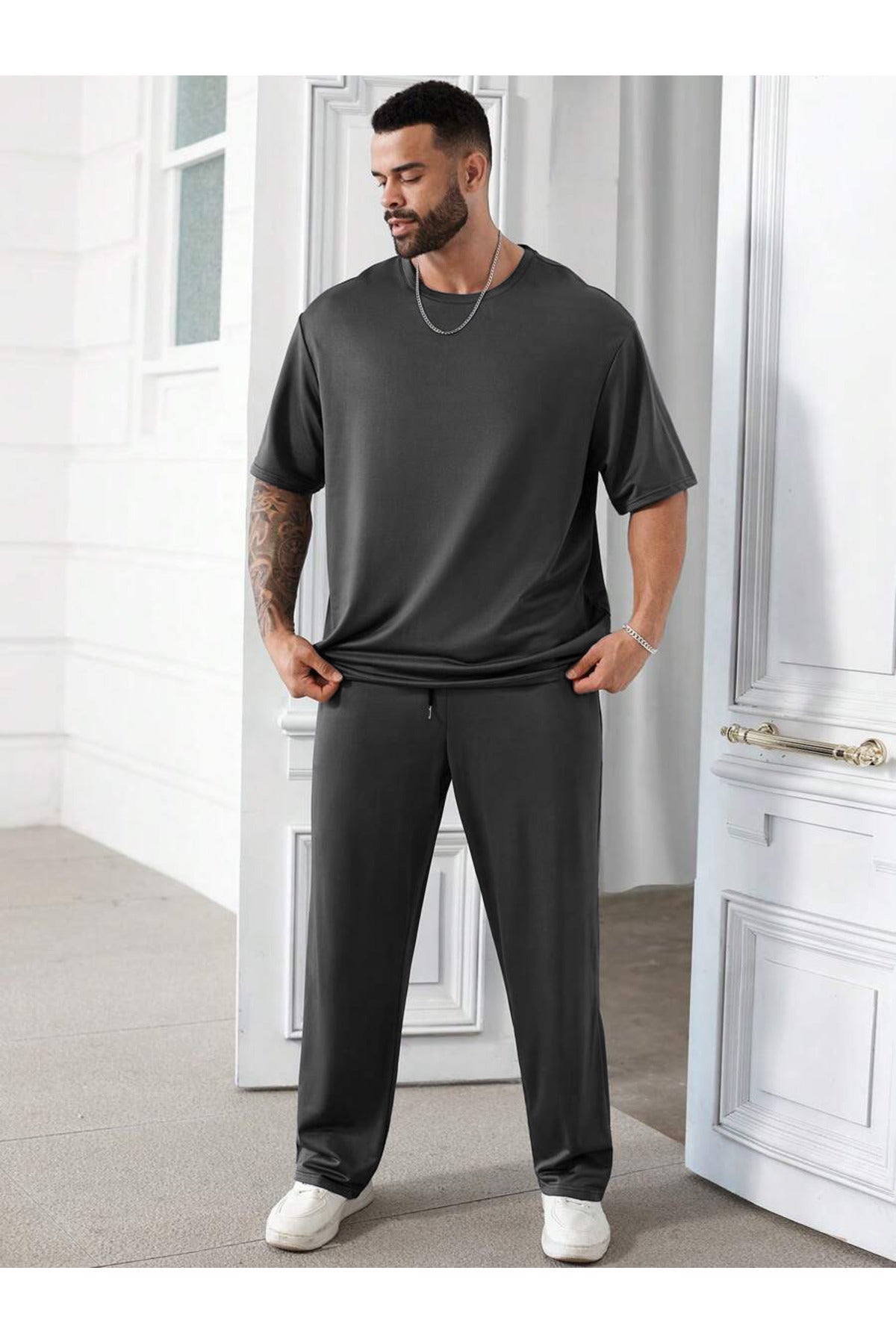 Erkek Bisiklet Yaka Pijama Takımı - Füme - 2