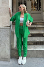 Kadın Dökümlü Bürümcük Yazlık Palazzo Trend Kimono Takım - Yeşil - 6
