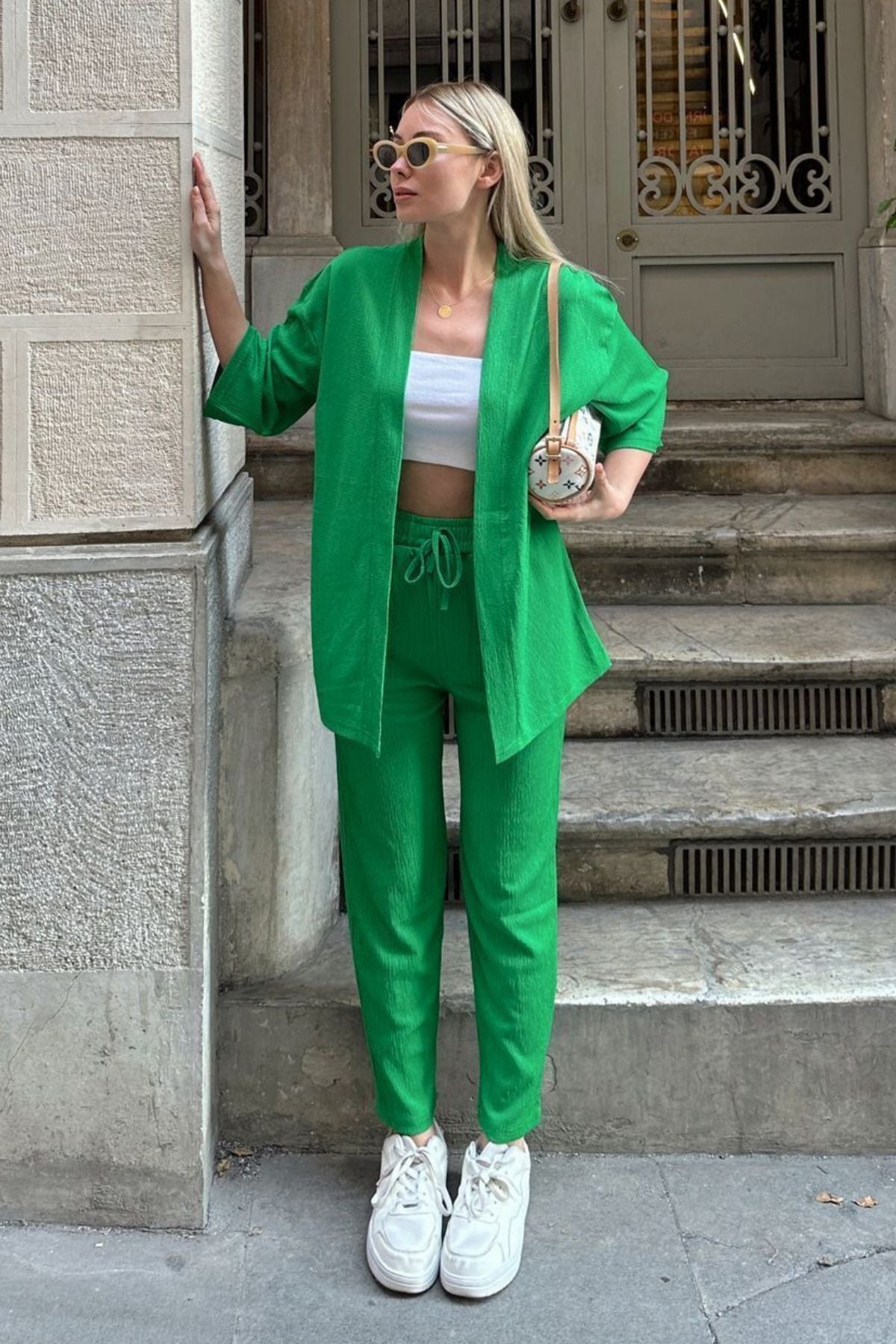 Kadın Dökümlü Bürümcük Yazlık Palazzo Trend Kimono Takım - Yeşil - 6