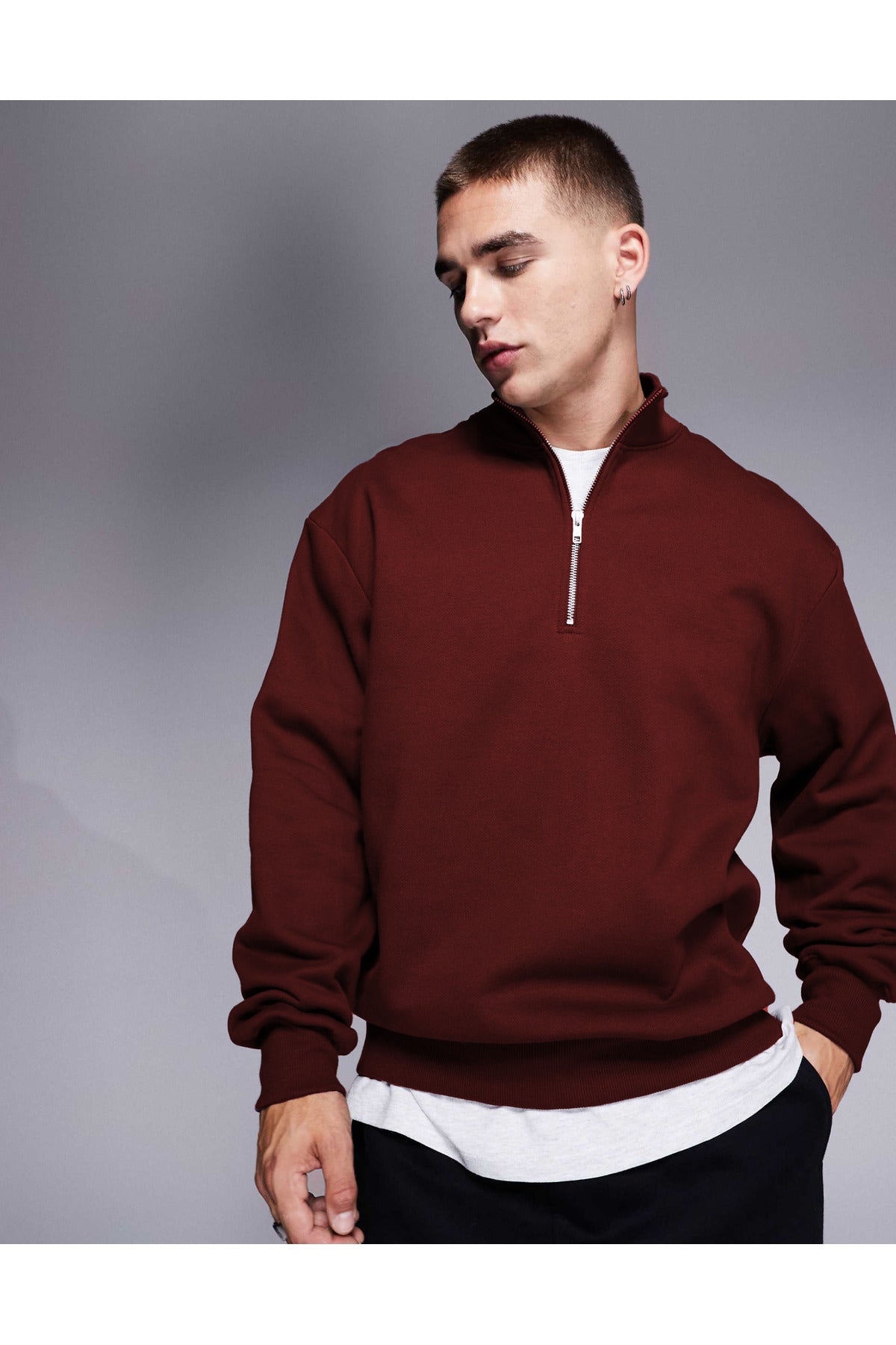 Erkek Yarım Fermuarlı Basic Oversize Dik Yaka Sweatshirt Kazak - Bordo - 1