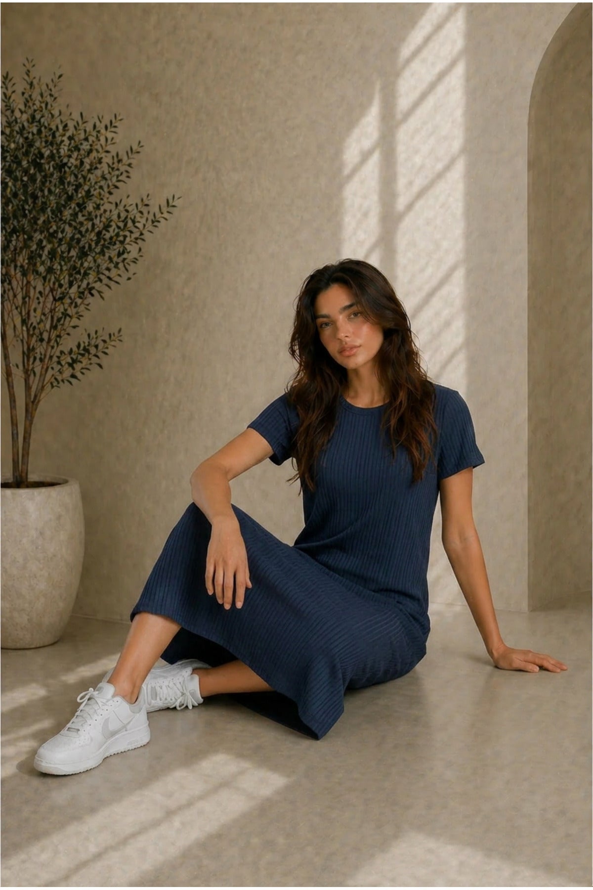 Kadın Fitilli Oversize Basic Bisiklet Yaka Elbise Günlük Rahat Kalıp - Lacivert - 1