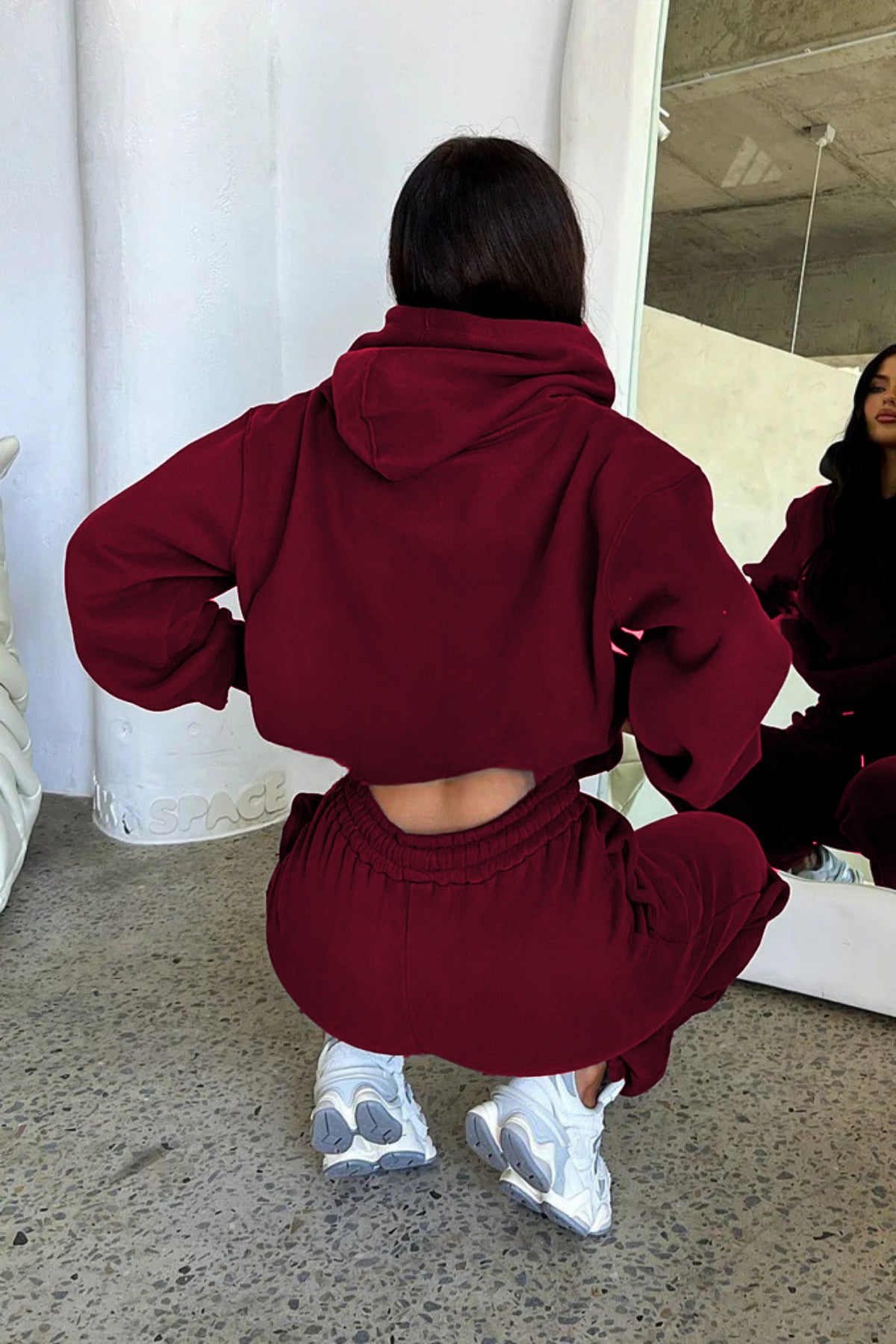 Kadın Yeni Sezon Basic Model Kapşonlu Eşofman Takımı - Bordo - 3