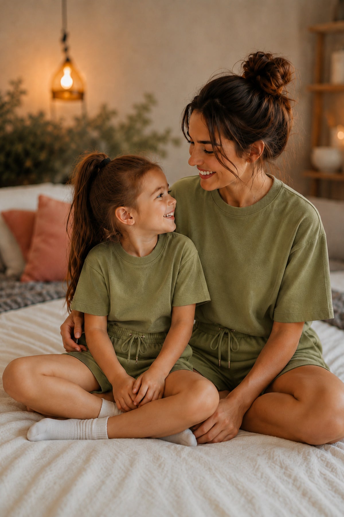Anne Çocuk Kisa Kollu Oversize Esnek Rahat Beli̇ Bağcikli Modern Kesi̇m Trend Yazlik Günlük Alt Üst Takim - Yeşil - 4