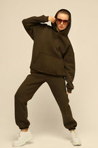 Kadin 3 İ̇pli̇k İ̇çi̇ Pamuklu Kalin Jogger Eşofman Takimi - Haki - 4